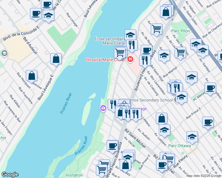 map of restaurants, bars, coffee shops, grocery stores, and more near 3301 Boulevard Gouin Est in Montrã©Al