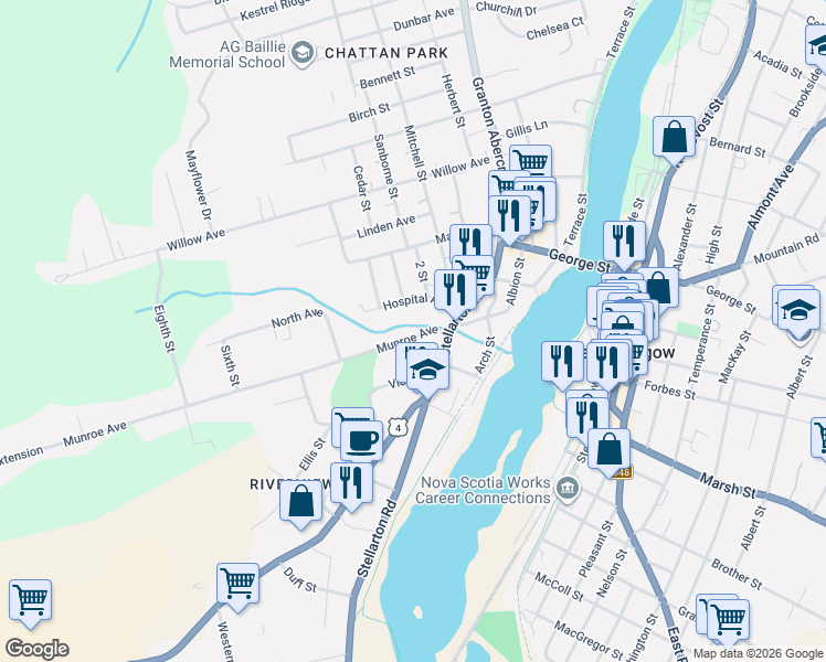 map of restaurants, bars, coffee shops, grocery stores, and more near 23 Munroe Avenue in New Glasgow