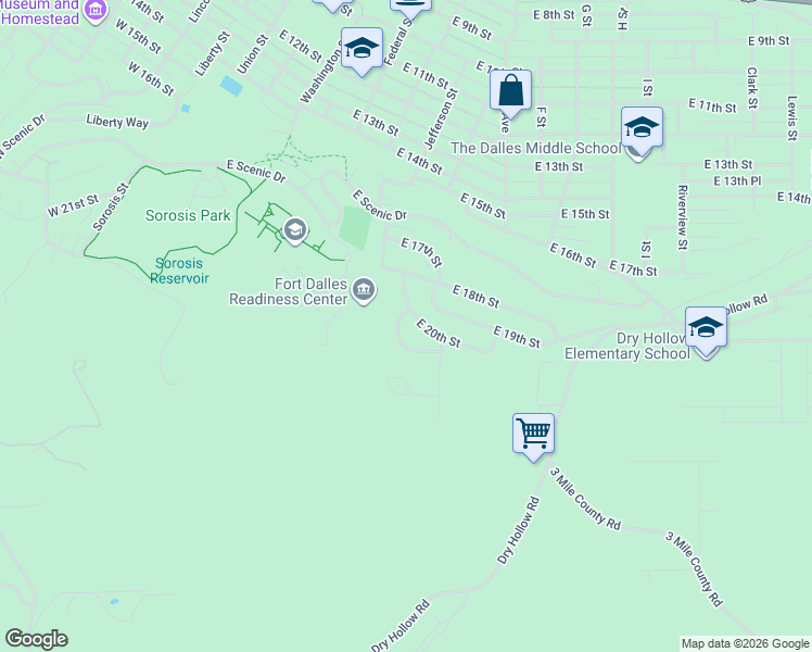 map of restaurants, bars, coffee shops, grocery stores, and more near 705 East 21st Place in The Dalles