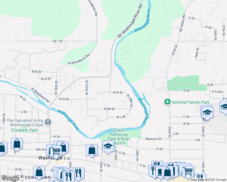 map of restaurants, bars, coffee shops, grocery stores, and more near 2532 North P Circle in Washougal