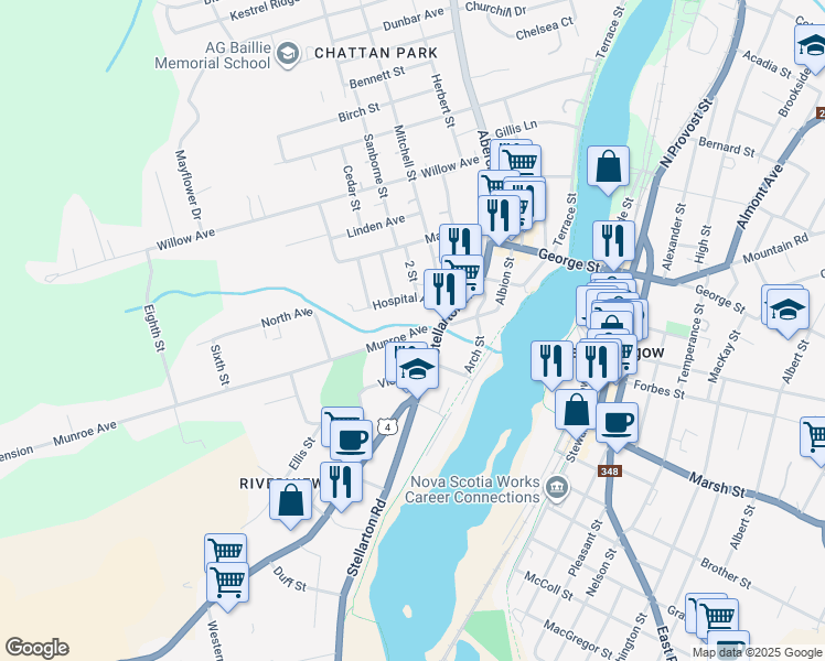 map of restaurants, bars, coffee shops, grocery stores, and more near Munroe Avenue in New Glasgow