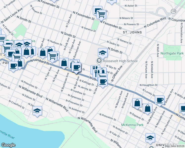map of restaurants, bars, coffee shops, grocery stores, and more near 7036 North Leonard Street in Portland