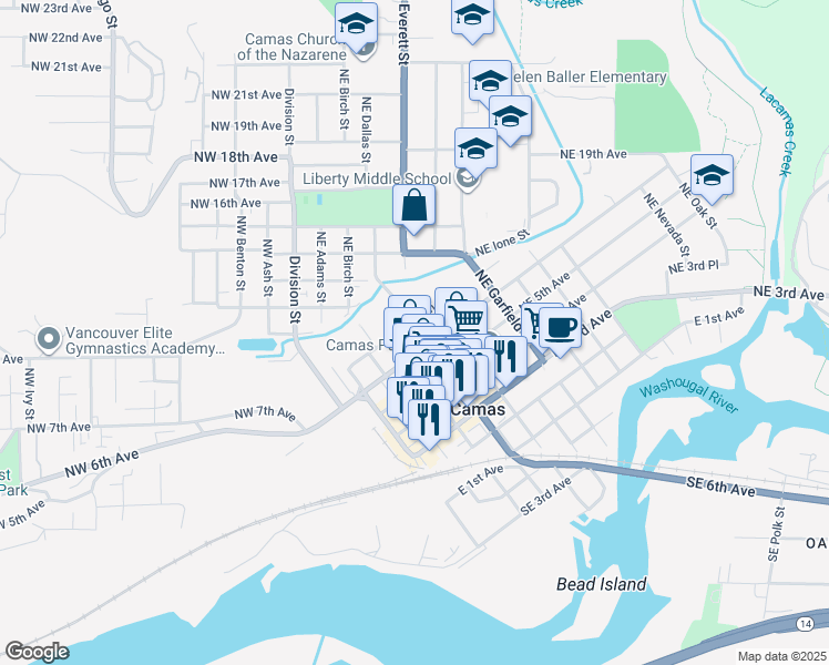 map of restaurants, bars, coffee shops, grocery stores, and more near 523 Northeast 6th Avenue in Camas