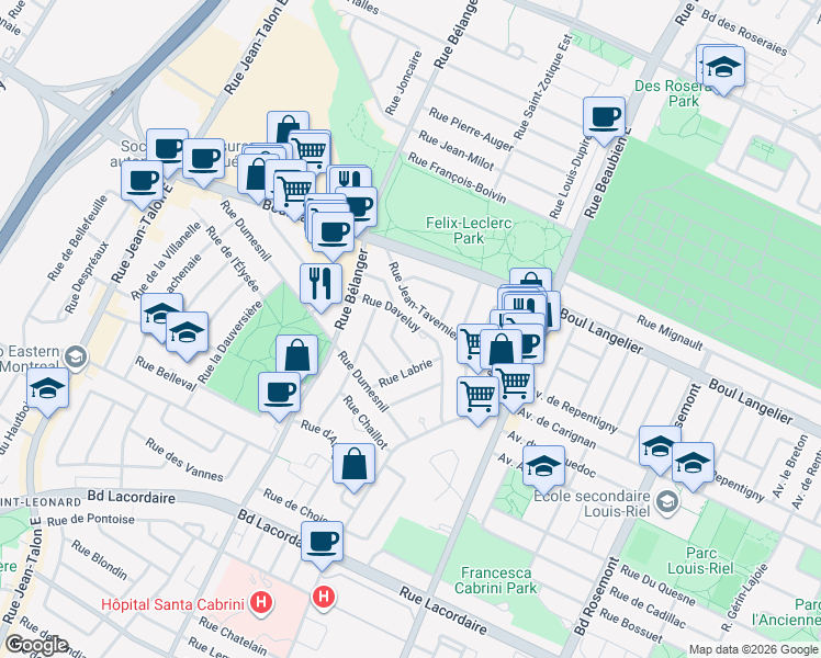 map of restaurants, bars, coffee shops, grocery stores, and more near 6870 Rue Daveluy in Montreal