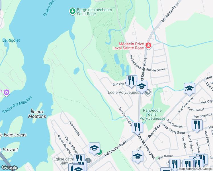 map of restaurants, bars, coffee shops, grocery stores, and more near 1185 Rue du Lac de Mai in Laval