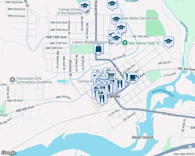 map of restaurants, bars, coffee shops, grocery stores, and more near 407 Northeast 7th Avenue in Camas