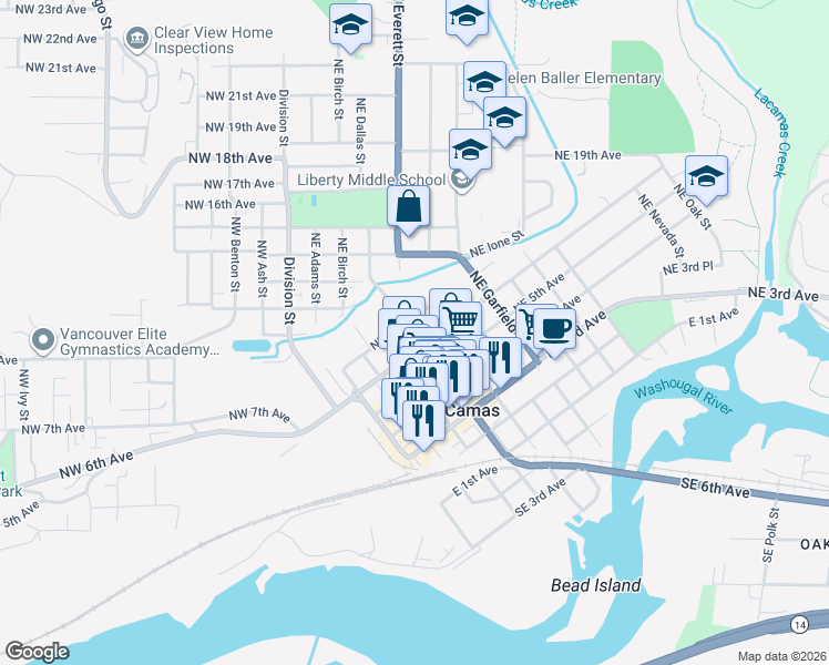 map of restaurants, bars, coffee shops, grocery stores, and more near 523 Northeast 6th Avenue in Camas