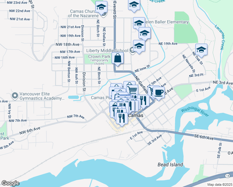 map of restaurants, bars, coffee shops, grocery stores, and more near 407 Northeast 7th Avenue in Camas