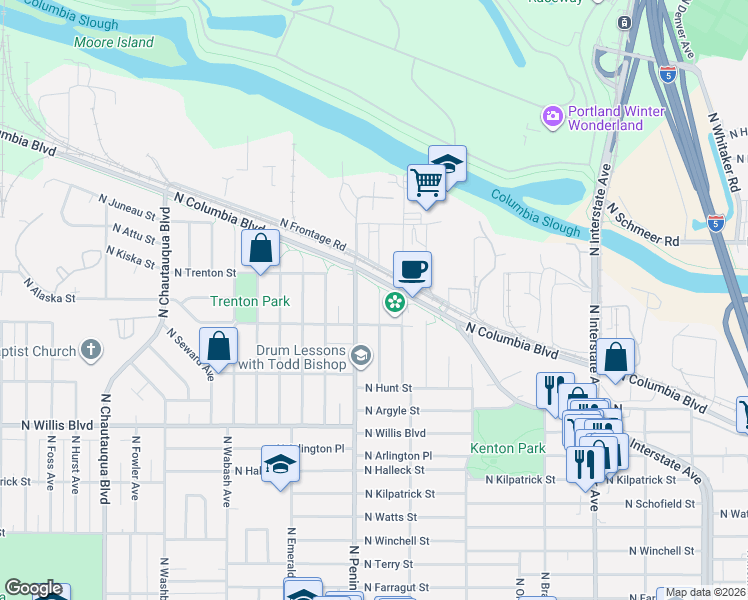 map of restaurants, bars, coffee shops, grocery stores, and more near 9018 North Peninsular Avenue in Portland