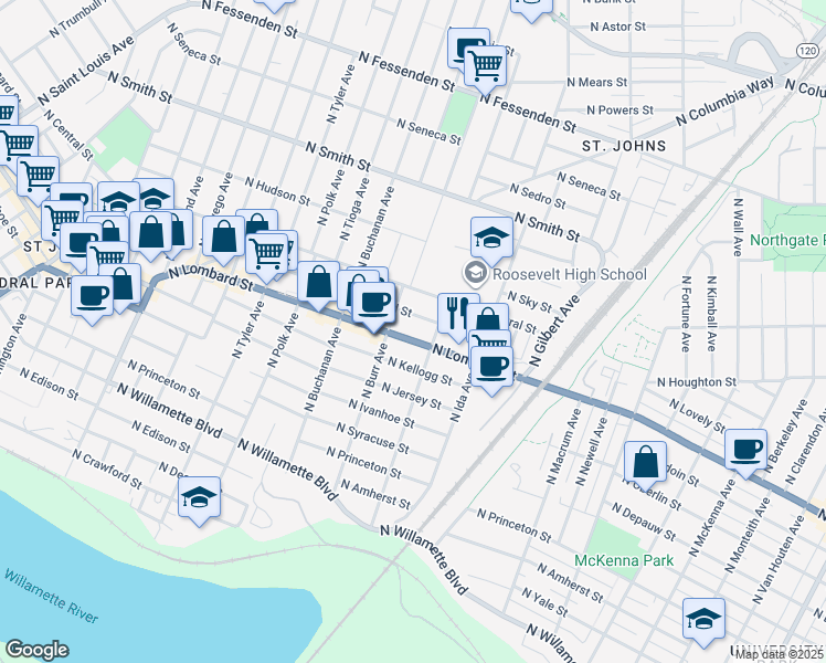 map of restaurants, bars, coffee shops, grocery stores, and more near 7128 North Leonard Street in Portland