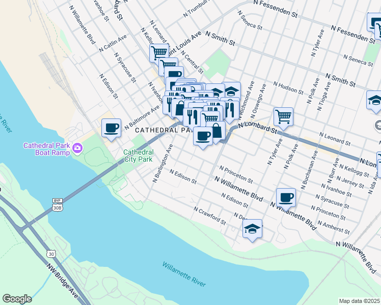 map of restaurants, bars, coffee shops, grocery stores, and more near 7117 North John Avenue in Portland