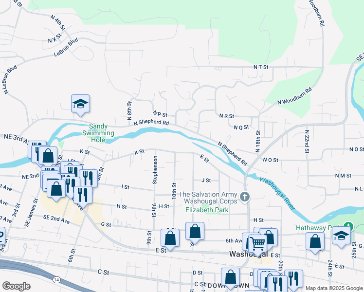 map of restaurants, bars, coffee shops, grocery stores, and more near 1025 K St in Washougal