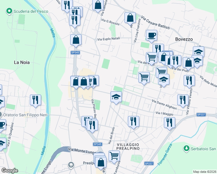 map of restaurants, bars, coffee shops, grocery stores, and more near 18 Villaggio Prealpino Via Tredicesima in Brescia