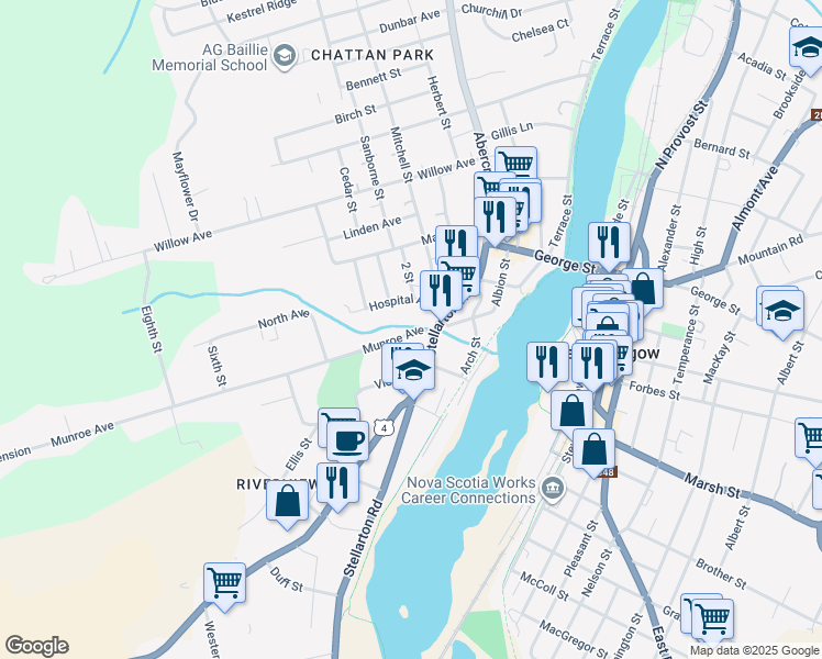 map of restaurants, bars, coffee shops, grocery stores, and more near 23 Munroe Avenue in New Glasgow