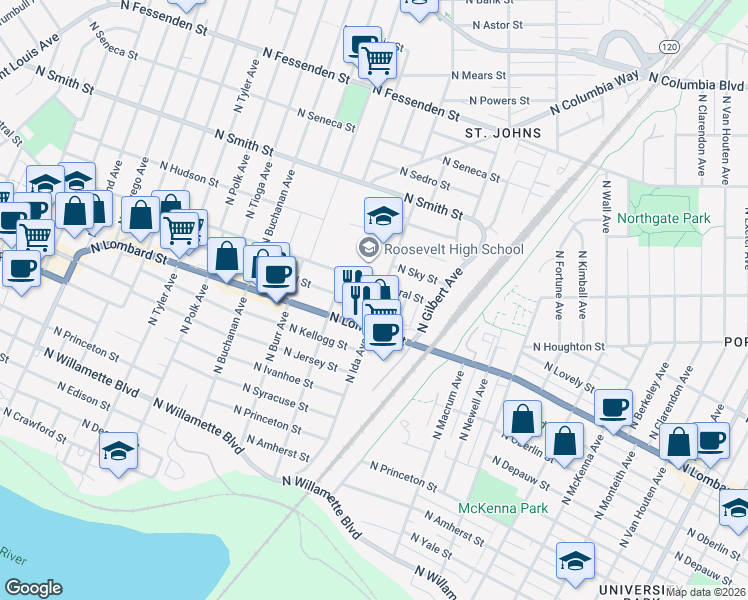 map of restaurants, bars, coffee shops, grocery stores, and more near 7546 North Ida Avenue in Portland