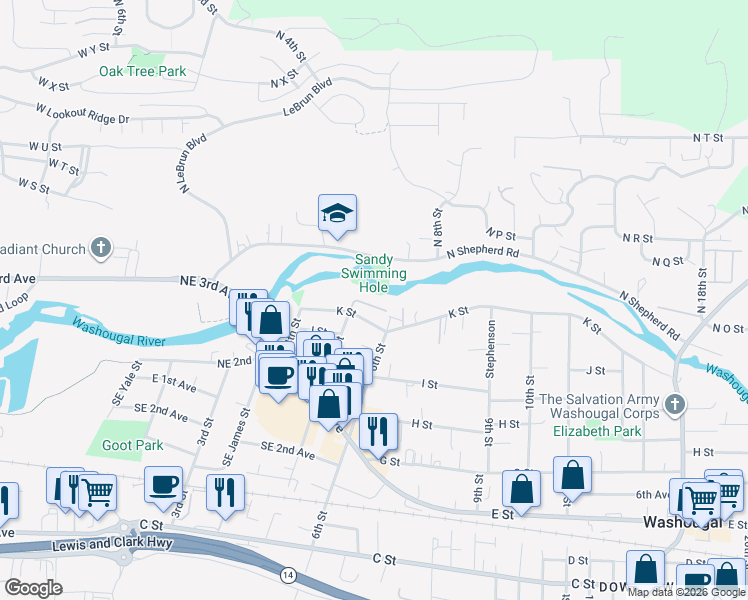 map of restaurants, bars, coffee shops, grocery stores, and more near 541 K Street in Washougal