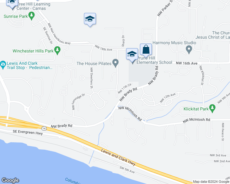 map of restaurants, bars, coffee shops, grocery stores, and more near 1109 Northwest Whitman Street in Camas