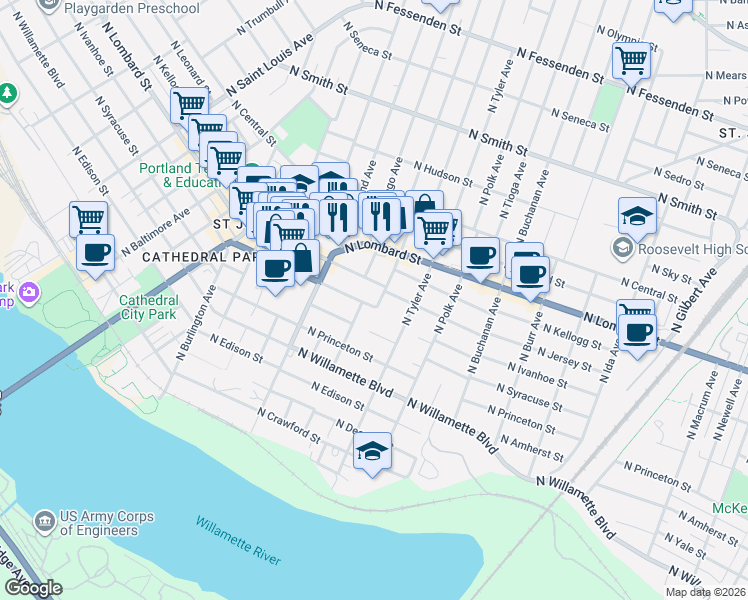 map of restaurants, bars, coffee shops, grocery stores, and more near 8035 North Ivanhoe Street in Portland