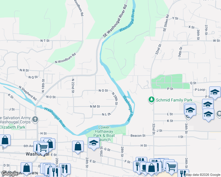 map of restaurants, bars, coffee shops, grocery stores, and more near 2777 North O Street in Washougal