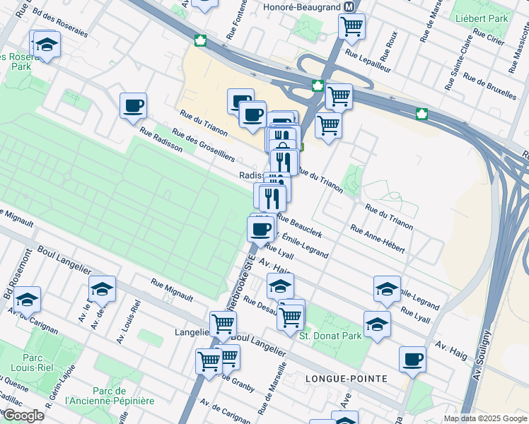 map of restaurants, bars, coffee shops, grocery stores, and more near 7045 Rue Sherbrooke Est in Montréal