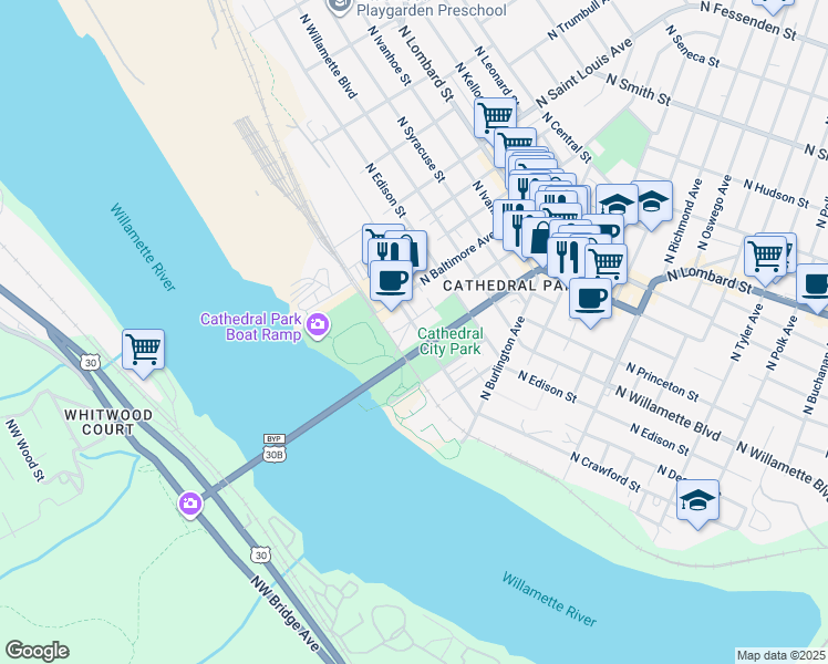 map of restaurants, bars, coffee shops, grocery stores, and more near 6618 North Crawford Street in Portland