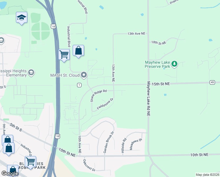 map of restaurants, bars, coffee shops, grocery stores, and more near 1295 Stone Ridge Road in Sauk Rapids