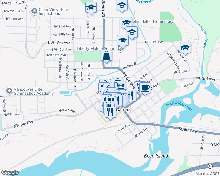 map of restaurants, bars, coffee shops, grocery stores, and more near 519 Northeast 6th Avenue in Camas