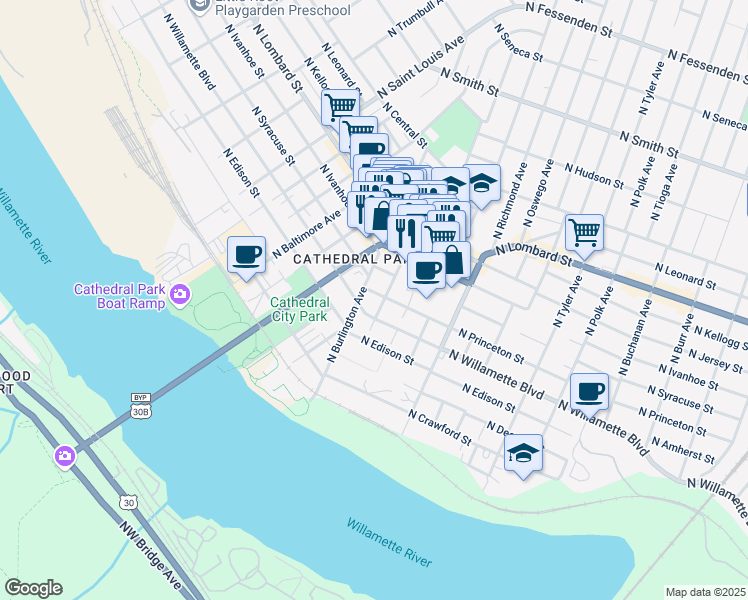 map of restaurants, bars, coffee shops, grocery stores, and more near 8516 N Princeton St in Portland