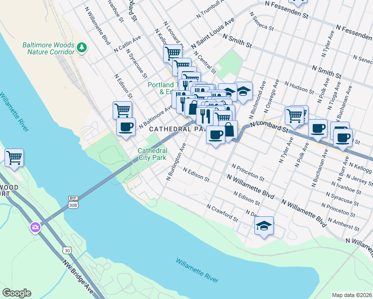 map of restaurants, bars, coffee shops, grocery stores, and more near 8525 North Willamette Boulevard in Portland