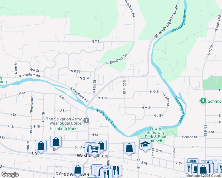 map of restaurants, bars, coffee shops, grocery stores, and more near 1538 North 20th Place in Washougal