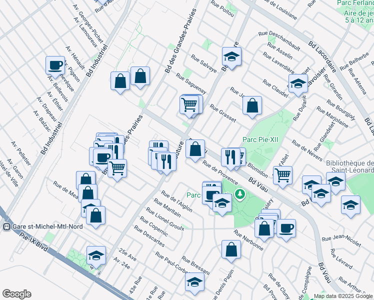 map of restaurants, bars, coffee shops, grocery stores, and more near 9168 Rue Émile-Nelligan in Montréal