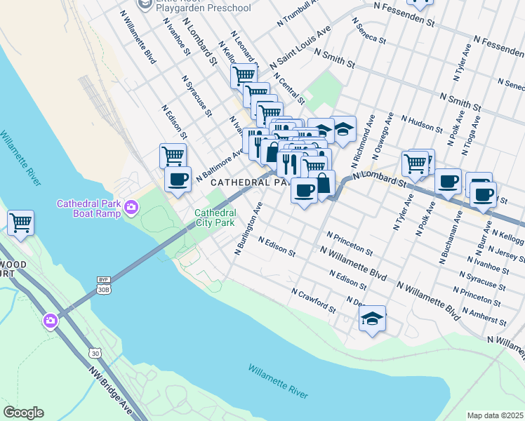 map of restaurants, bars, coffee shops, grocery stores, and more near 8516 North Princeton Street in Portland