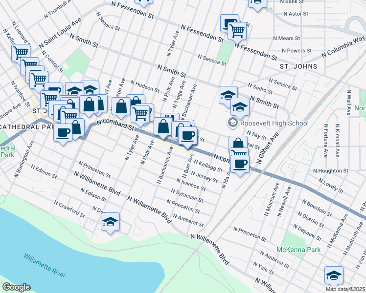 map of restaurants, bars, coffee shops, grocery stores, and more near 7438 North Lombard Street in Portland