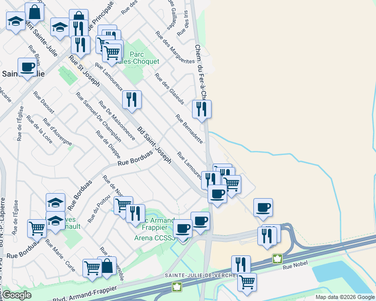 map of restaurants, bars, coffee shops, grocery stores, and more near 256 Avenue Jules-Choquet in Sainte-Julie