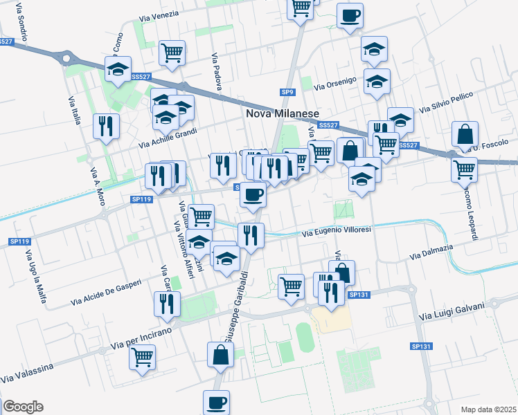 map of restaurants, bars, coffee shops, grocery stores, and more near 88 Via Giuseppe Garibaldi in Nova Milanese