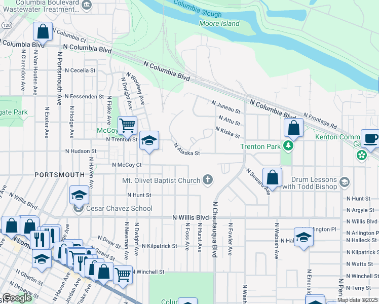 map of restaurants, bars, coffee shops, grocery stores, and more near 4085 North Alaska Street in Portland