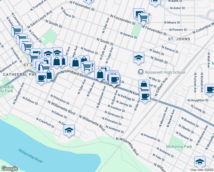 map of restaurants, bars, coffee shops, grocery stores, and more near 7438 North Lombard Street in Portland