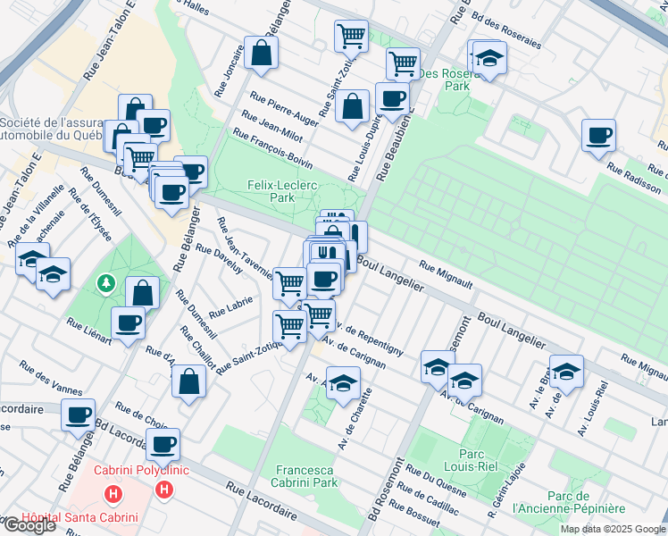 map of restaurants, bars, coffee shops, grocery stores, and more near 6541 Rue Beaubien Est in Montréal