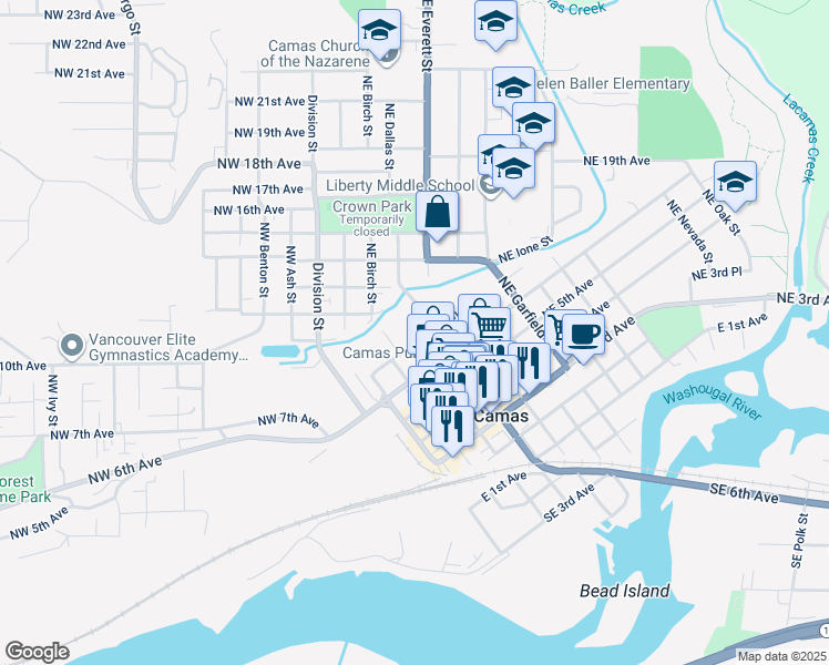 map of restaurants, bars, coffee shops, grocery stores, and more near 407 Northeast 7th Avenue in Camas