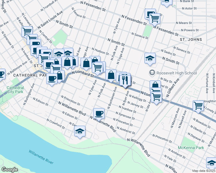 map of restaurants, bars, coffee shops, grocery stores, and more near 7615 North Kellogg Street in Portland