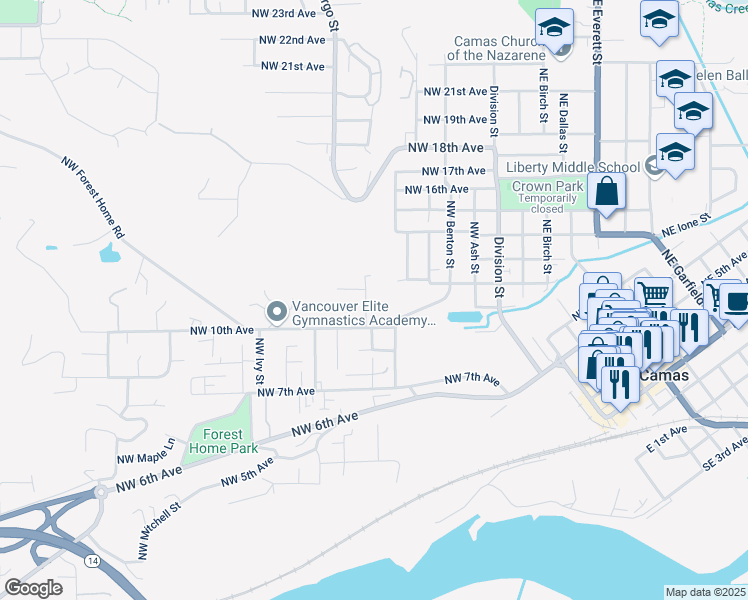 map of restaurants, bars, coffee shops, grocery stores, and more near 1060 Northwest Elm Street in Camas