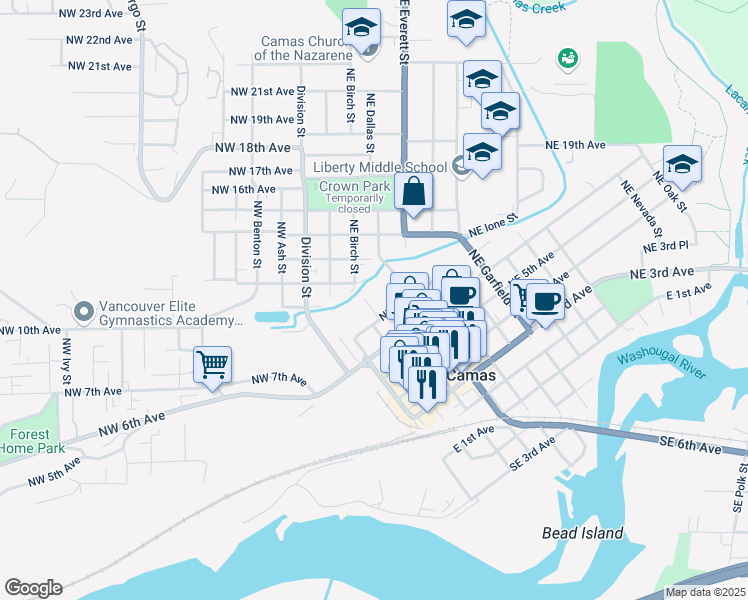 map of restaurants, bars, coffee shops, grocery stores, and more near 750 Northeast Birch Street in Camas