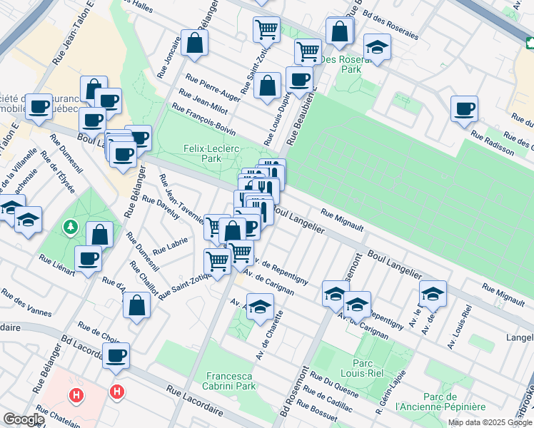 map of restaurants, bars, coffee shops, grocery stores, and more near 6530 Rue Beaubien Est in Montréal