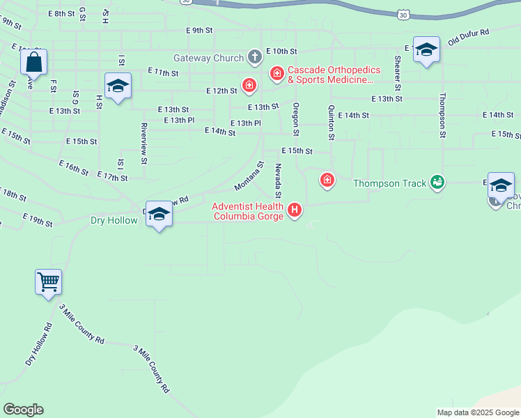 map of restaurants, bars, coffee shops, grocery stores, and more near 1806 Minnesota St in The Dalles
