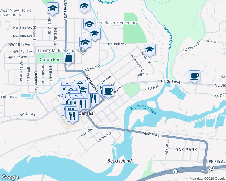 map of restaurants, bars, coffee shops, grocery stores, and more near 1017 Northeast 3rd Avenue in Camas