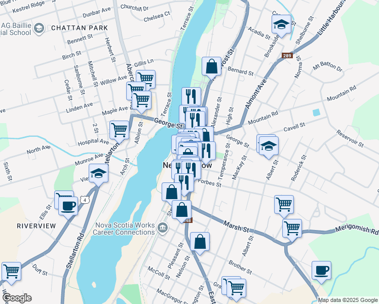 map of restaurants, bars, coffee shops, grocery stores, and more near 125 Provost Street in New Glasgow