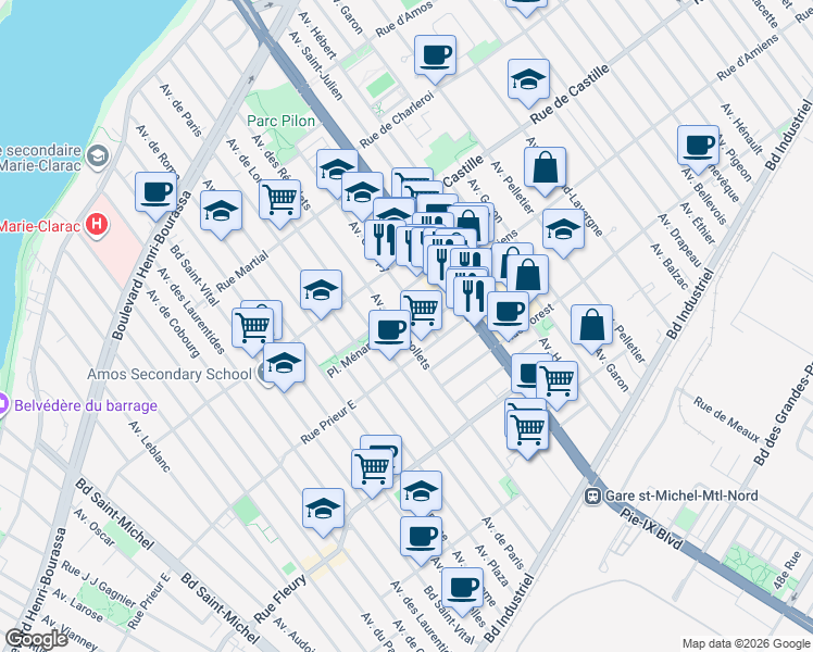 map of restaurants, bars, coffee shops, grocery stores, and more near 10663 Avenue des Récollets in Montréal