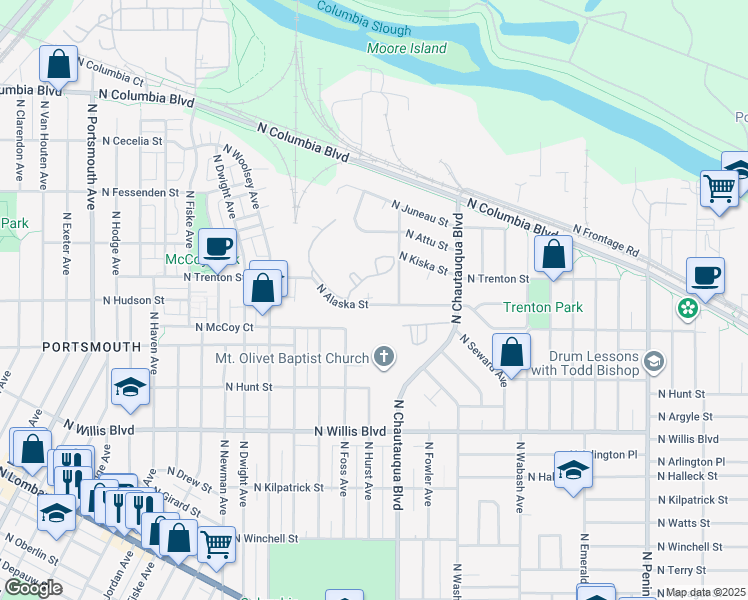 map of restaurants, bars, coffee shops, grocery stores, and more near 4047 North Alaska Street in Portland