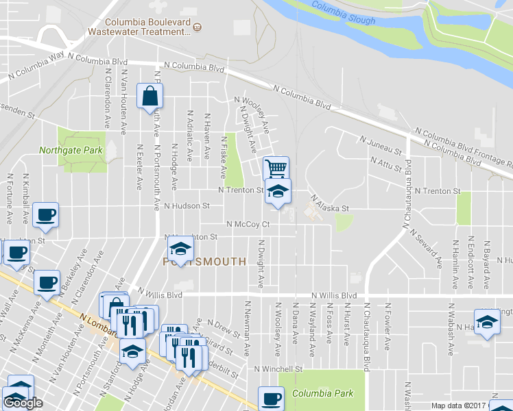 map of restaurants, bars, coffee shops, grocery stores, and more near 8963 North Dwight Avenue in Portland