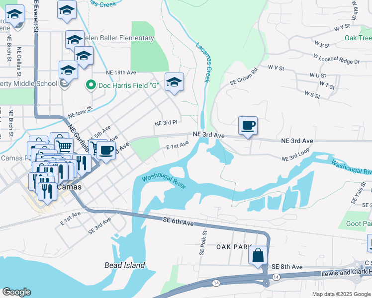 map of restaurants, bars, coffee shops, grocery stores, and more near 1416 East 1st Avenue in Camas